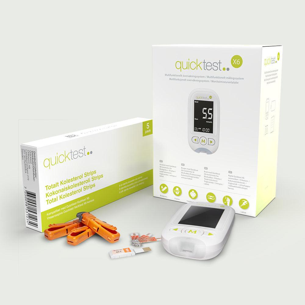 Quicktest Kolesteroltest 5-pack med X6-mätare, testremsor och lansetter